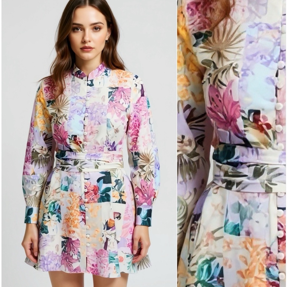 ZARA Floral Parrot Button Up Linen Long Sleeve Patchwork Dress Size Medium